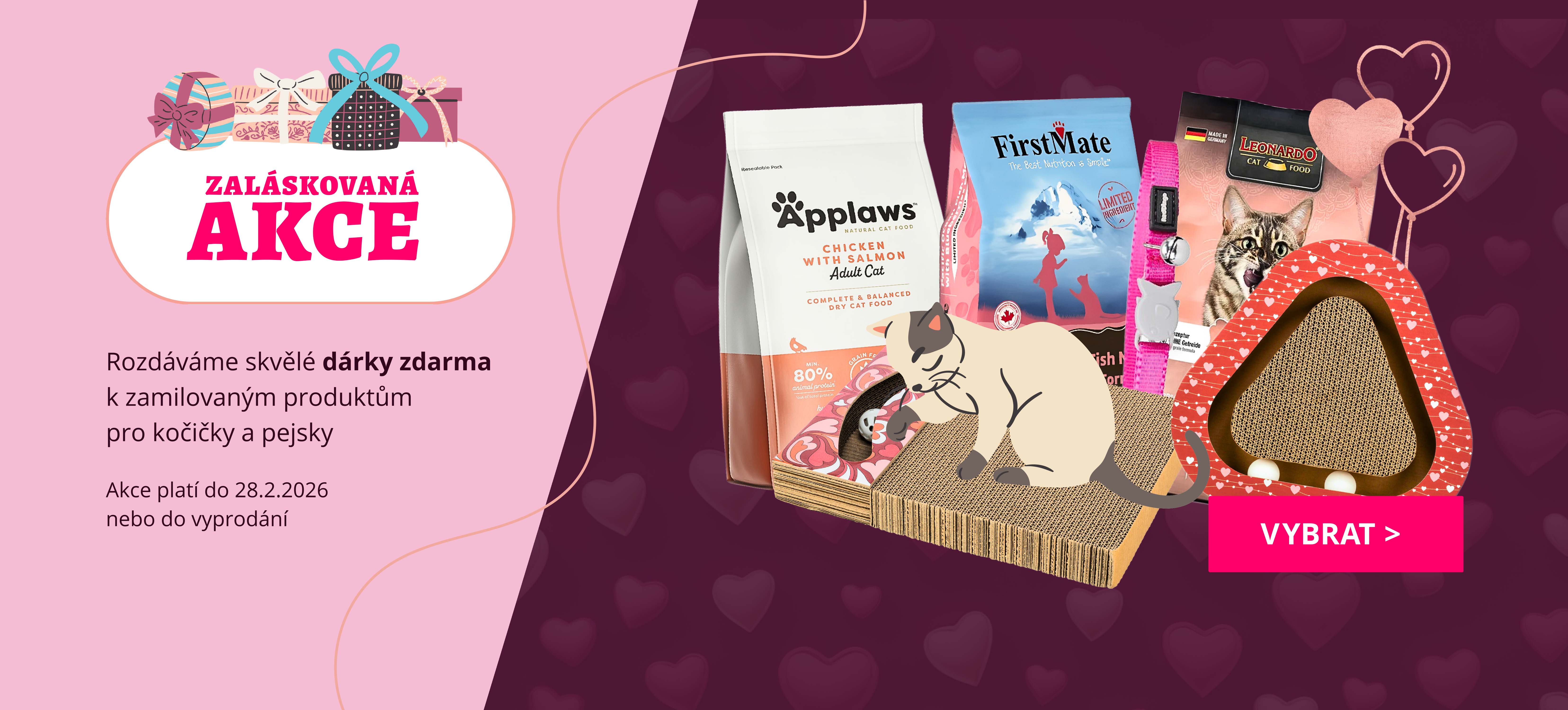Valentýnská akce pro kočky a psy - rozdáváme dárky zdarma k růžovým, srdíčkovým produktům