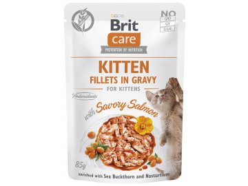 Brit Care KITTEN kuřecí filetky s játry a LOSOSEM v OMÁČCE - kapsička pro koťata 85 g