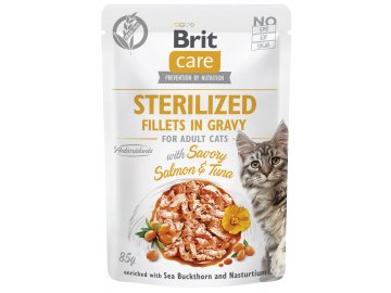 Brit Care STERILISED kuřecí filetky s TUŇÁKEM A LOSOSEM v omáčce - kapsička pro kočky 85 g