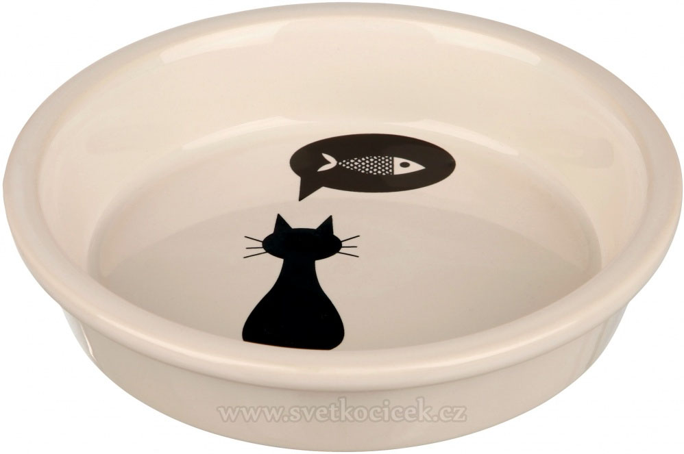 Keramická miska pro kočky bílá s černou kočkou 13 cm, 250 ml