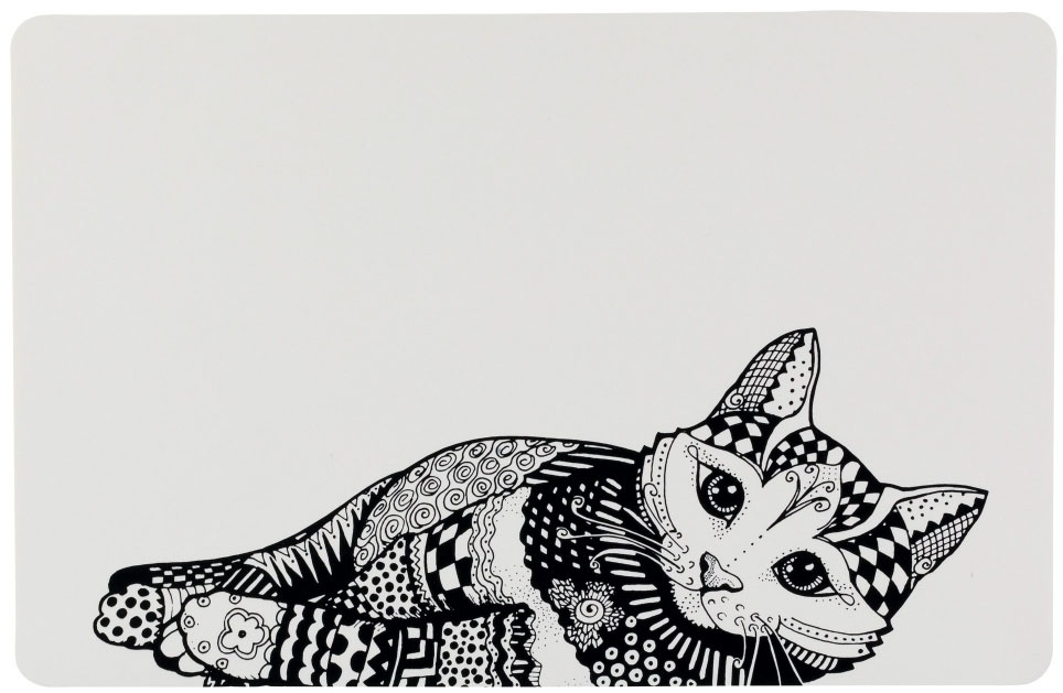 Prostírání s kresbou Zentangle černo-bílé s kočkou