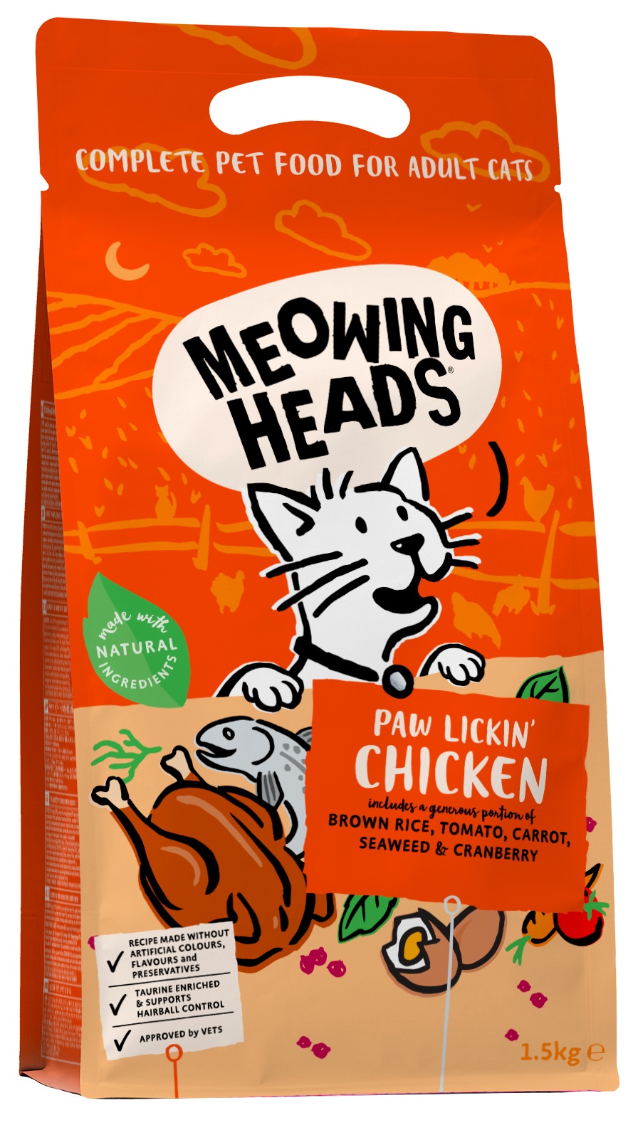 Meowing Heads Paw Lickin Chicken 1,5 kg + 2 kapsičky Meowing Heads ZDARMA