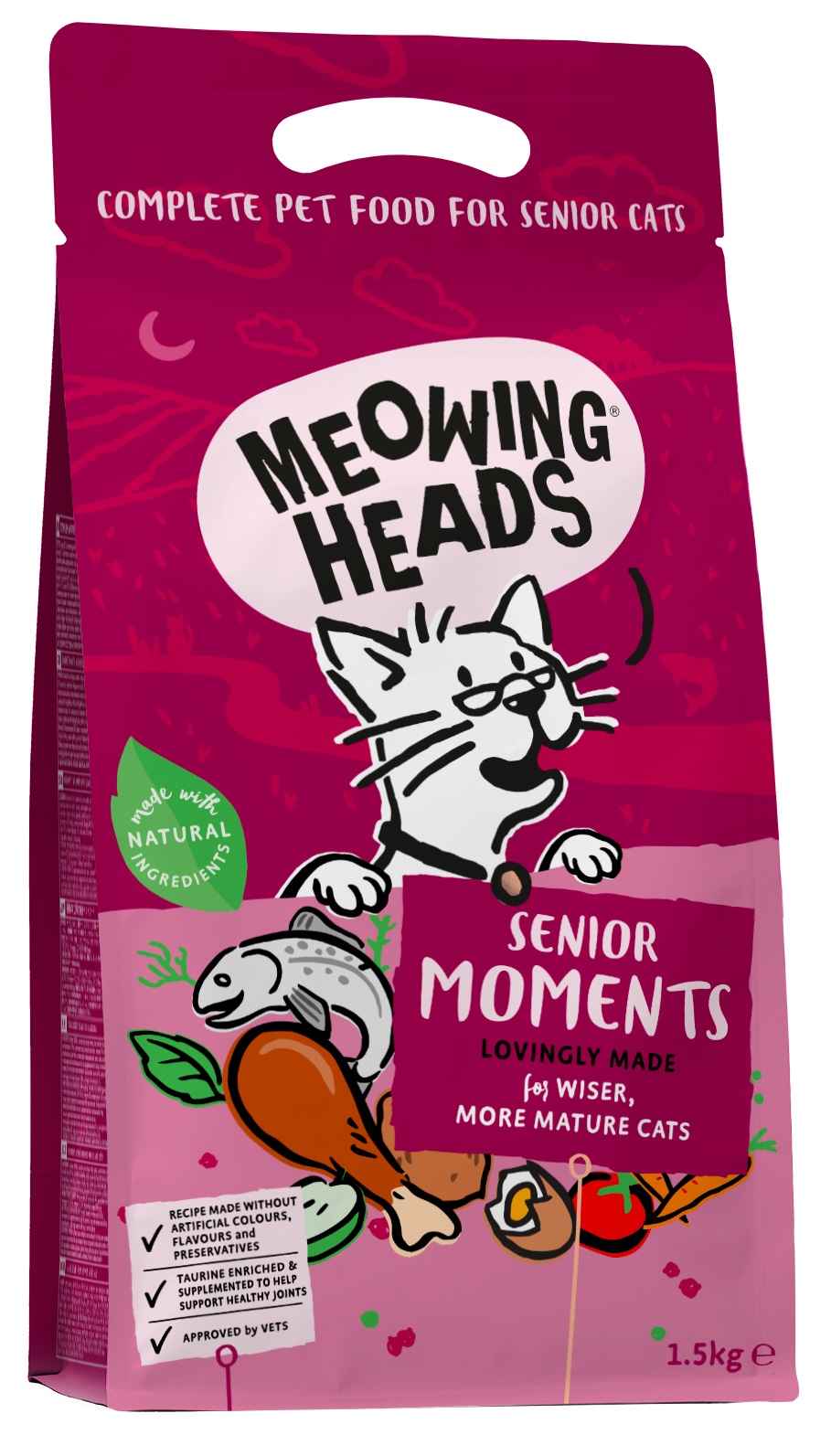 Meowing Senior Moments 1,5 kg + 2 kapsičky Meowing Heads ZDARMA