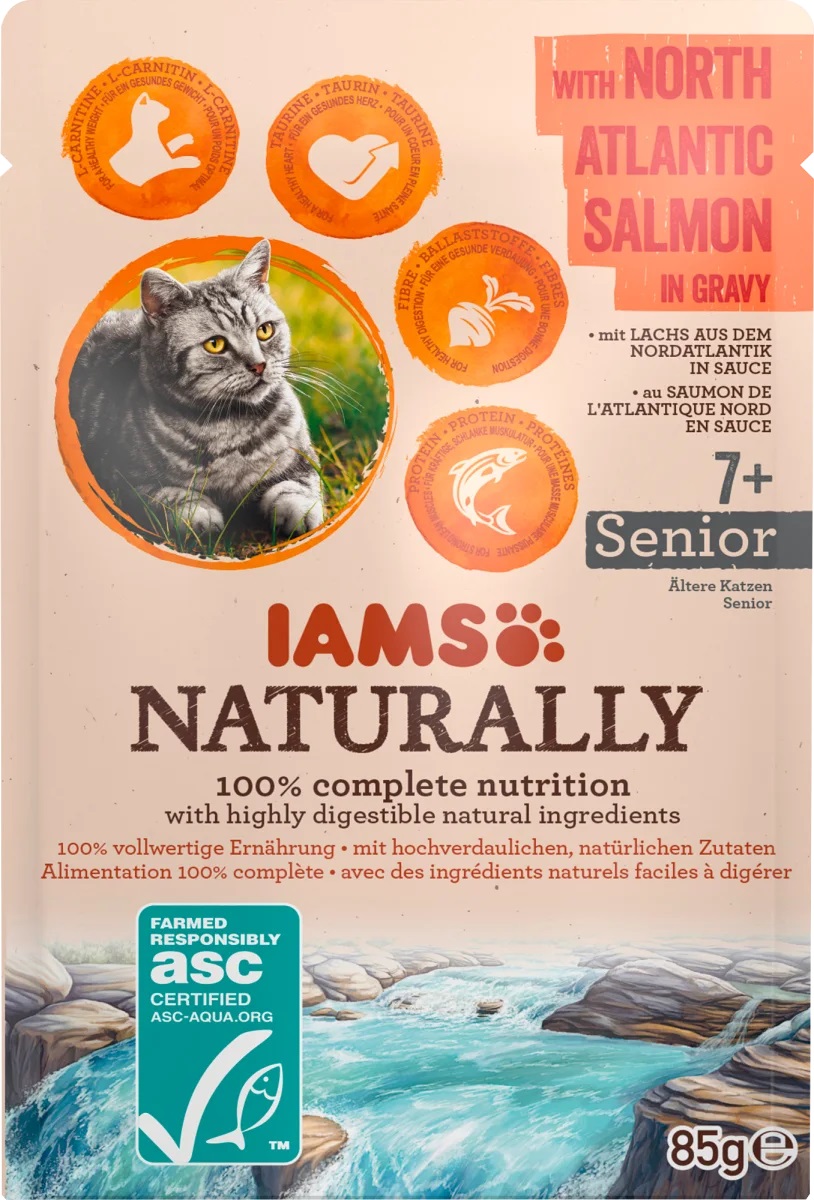 IAMS Naturally Senior losos v omáčce - kapsička pro starší kočky 85 g
