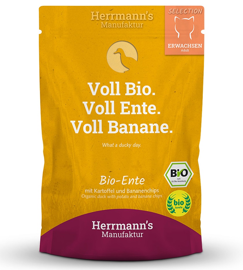 Herrmann's Bio kachna, brambor a banán - kapsička pro kočky 100 g