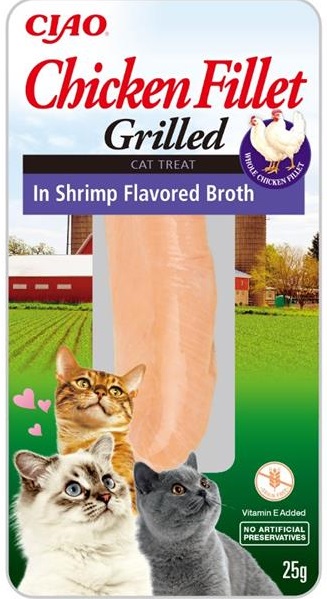Lehce grilovaný kuřecí filet v krevetovém vývaru - pamlsek pro kočky 25 g