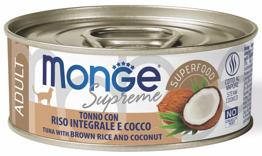 Monge Supreme Adult tuňák pruhovaný s hnědou rýží a kokosem - konzerva pro kočky 80 g