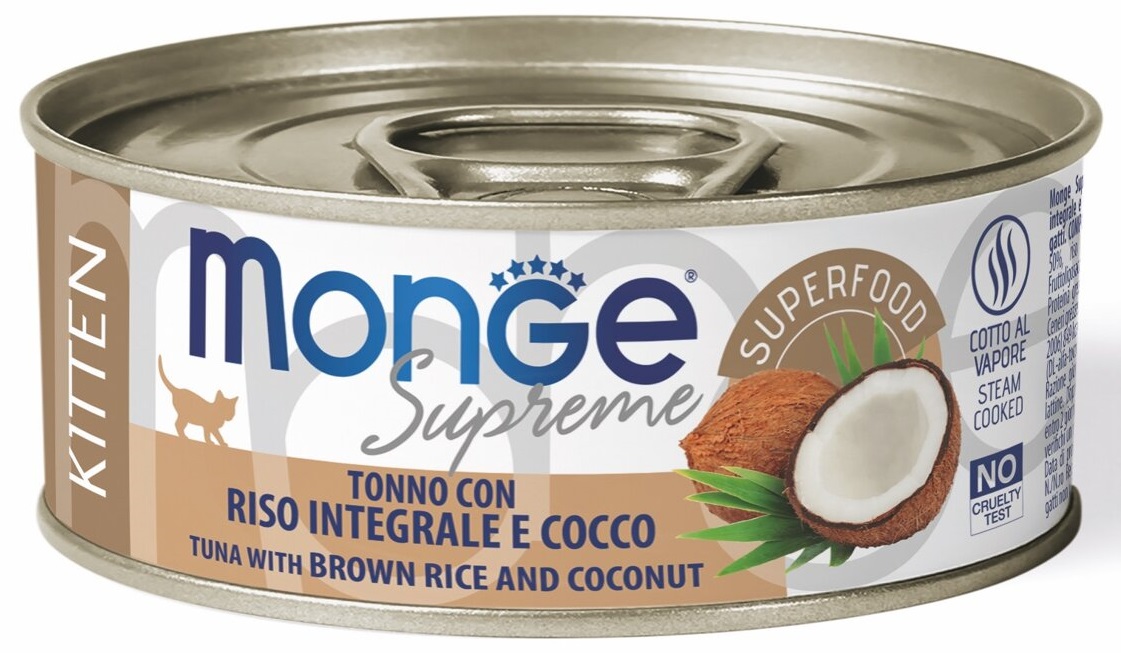 Monge Supreme KITTEN tuňák pruhovaný s hnědou rýží a kokosem - konzerva pro koťata 80 g