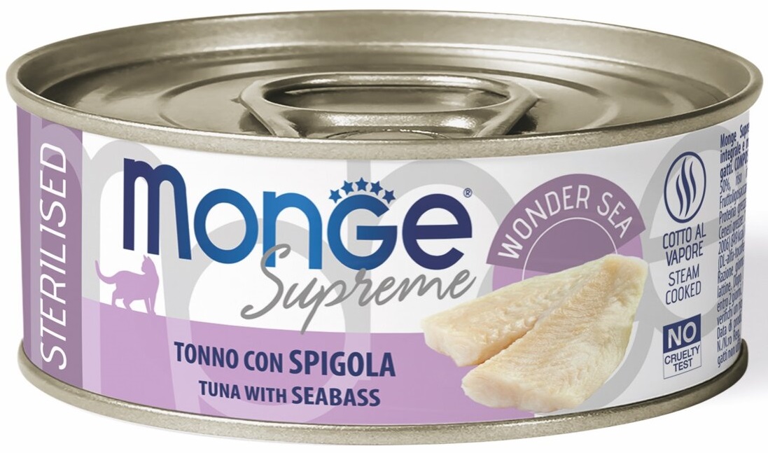 Monge Supreme Sterilised tuňák pruhovaný a mořský vlk - konzerva pro kočky 80 g