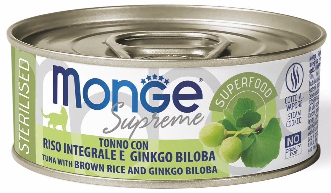 Monge Supreme Sterilised tuňák pruhovaný, hnědá rýže a ginkgo biloba - konzerva pro kočky 80 g