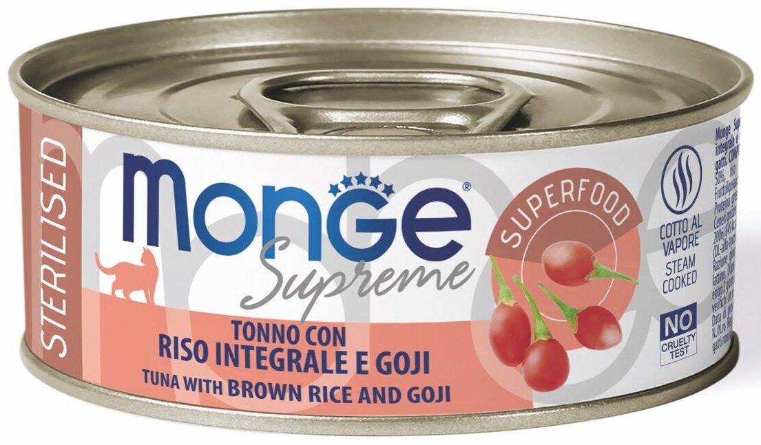 Monge Supreme Sterilised tuňák pruhovaný s hnědou rýží a goji - konzerva pro kočky 80 g