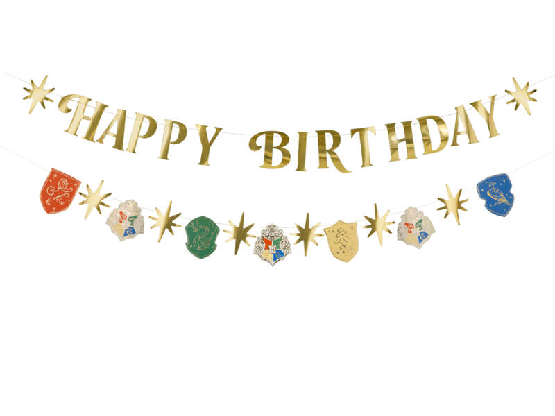 Harry Potter füzér Happy Birthday arany felirattal és ház címerekkel