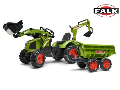 Šlapací traktor Claas Axos s nakladačem, rypadlem a vlečkou, Falk, W011264