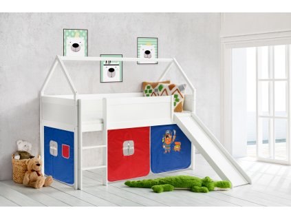 vyvýšená postel domek se skluzavkou pirát modročervený bílá