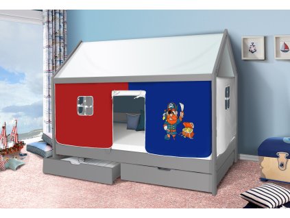 domečková postel červeno modrý pirát šedá