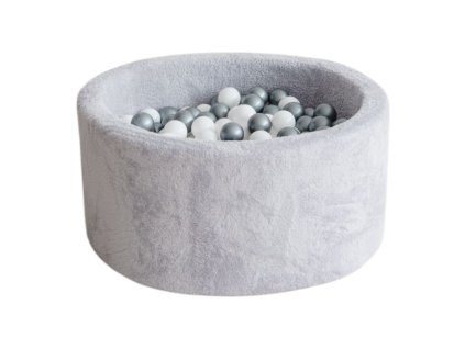 plyšový kulaty sedy bazen s kulickama