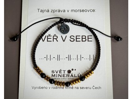 náramky z minerálů a polodrahokamů, náramek s tajnou zprávou v morseovce z achátu a hematitu