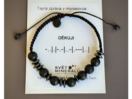 náramky z minerálů a polodrahokamů, náramek z lávy a hematitu s tajným vzkazem z morseovky, designové šperky