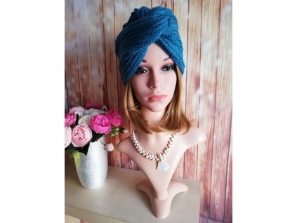 Dámsky Turban z vlny - modrý tyrkysový