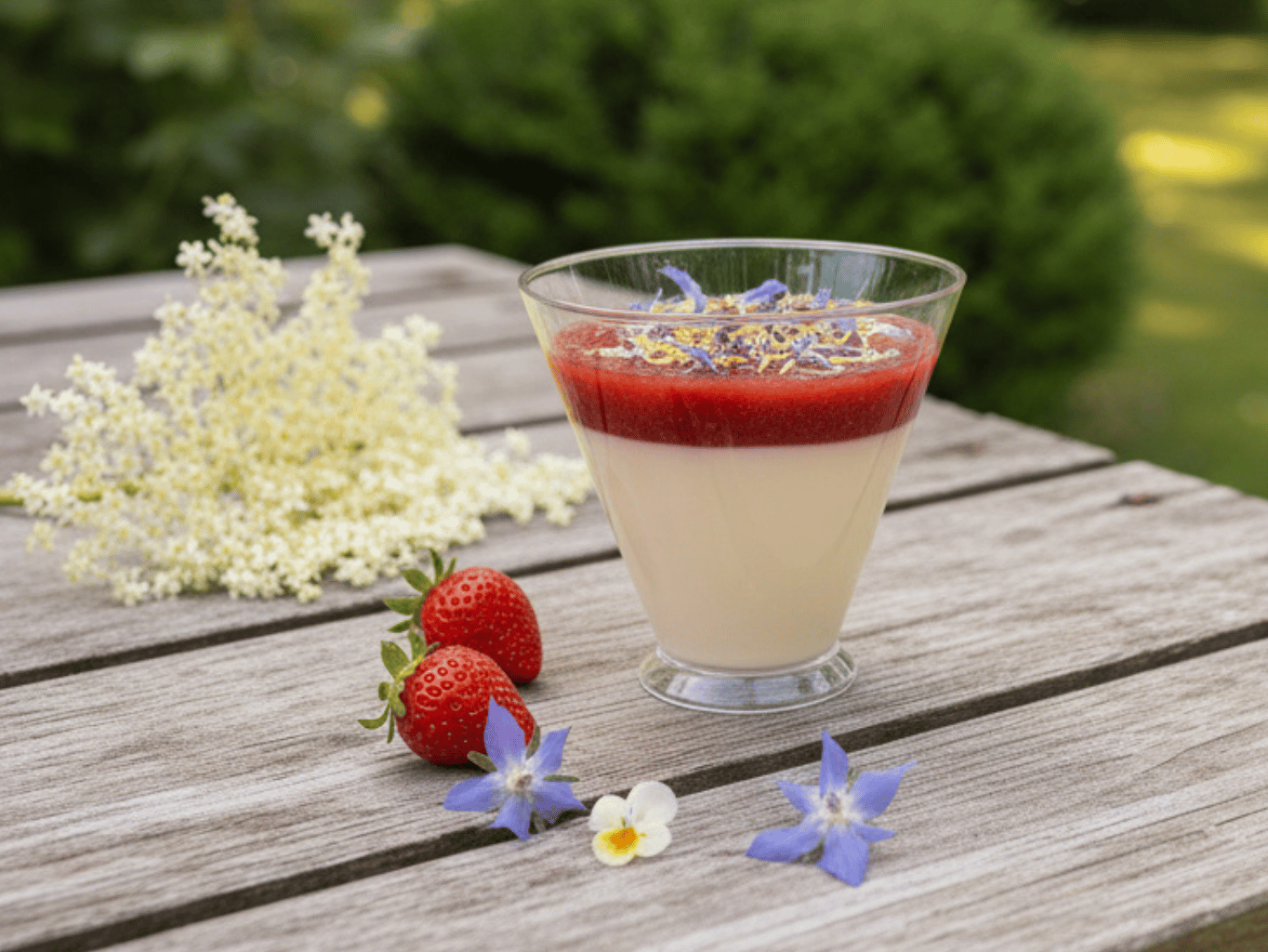 Bezová panna cotta s jahodovým přelivem a jedlými květy