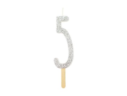 Dortová svíčka se stříbrným třpytem, číslo – 5