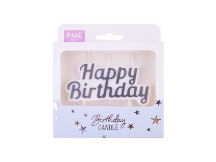 Dortové svíčky – HAPPY BIRTHDAY – stříbrné