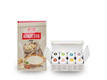 mandlová mouka a sada gelových barev