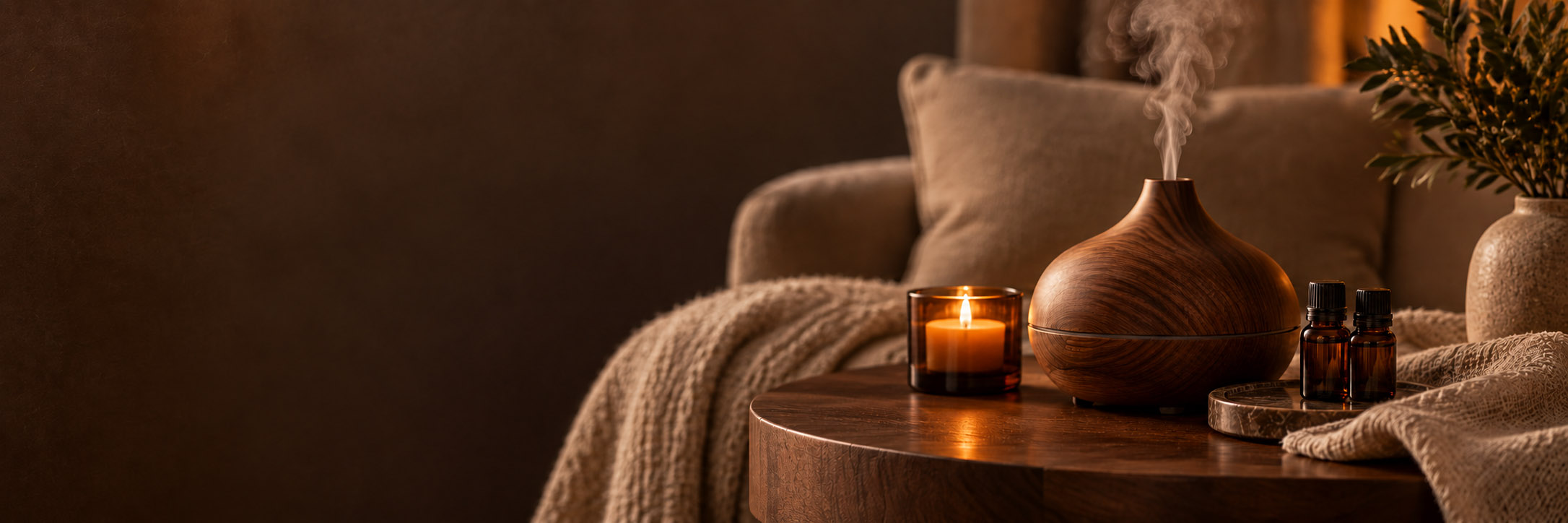 Dřevěný aroma difuzér, svíčka a doplňky pro domácí wellness