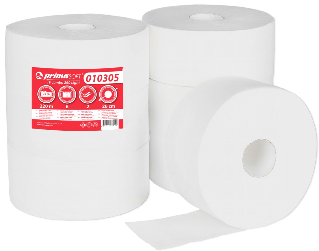 PrimaSoft Toaletní papír Jumbo 260, 2-vr., cel., extra bílá (bal.6ks) 010305