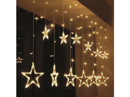 LED vánoční závěs, hvězdy, šíře 1,8m, 77LED, IP20, 3xAA, USB