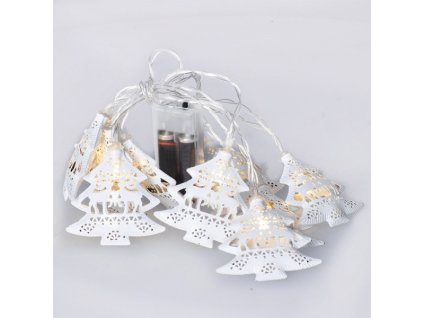 LED řetěz vánoční stromky, kovové, bílé, 10LED, 1m, 2x AA, IP20