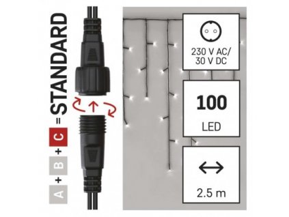 Standard LED spojovací vánoční řetěz – rampouchy, 2,5 m, venkovní, studená bílá, časovač
