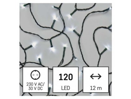 LED vánoční řetěz, 12 m, venkovní i vnitřní, studená bílá, programy