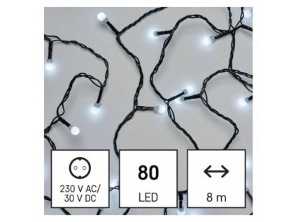 LED vánoční cherry řetěz – kuličky, 8 m, venkovní i vnitřní, studená bílá, časovač