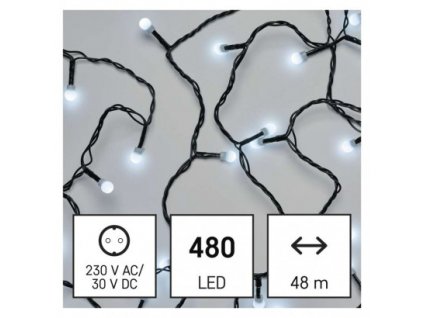 LED vánoční cherry řetěz – kuličky, 48 m, venkovní i vnitřní, studená bílá, časovač