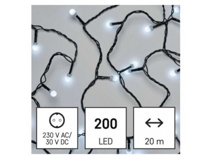 LED vánoční cherry řetěz – kuličky, 20 m, venkovní i vnitřní, studená bílá, programy