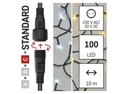 Standard LED spojovací vánoční řetěz, 10 m, venkovní, teplá/studená bílá, časovač