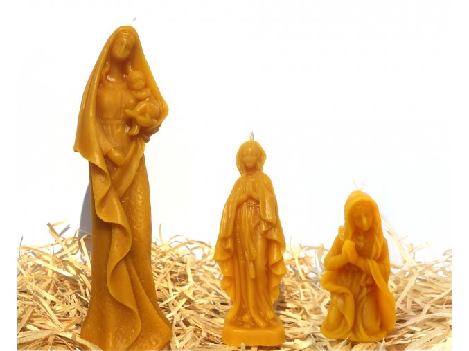 Sada tří svíček ze včelího vosku – Panna Marie s Ježíškem + Panna Marie + modlící se Panna Marie