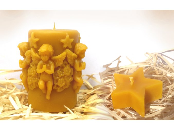 Sada dvou svíček ze včelího vosku - vánoční válec s anděly + hvězda