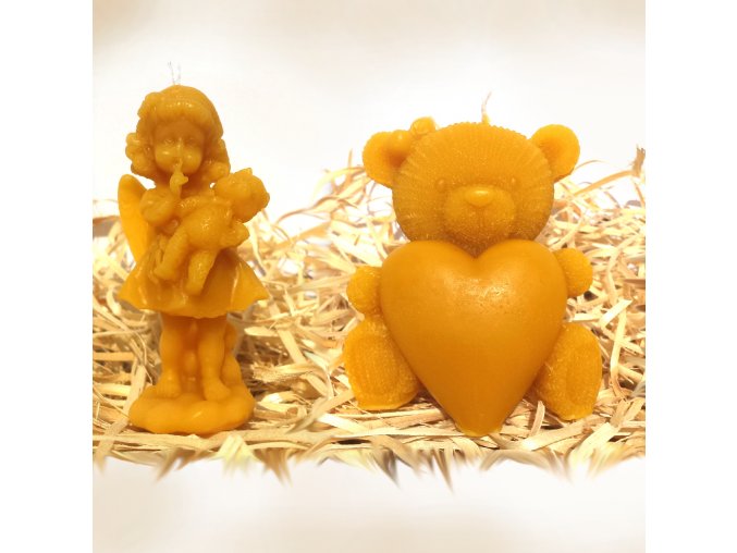 Sada svíček ze včelího vosku – andělka s medvídkem + medvídek se srdcem