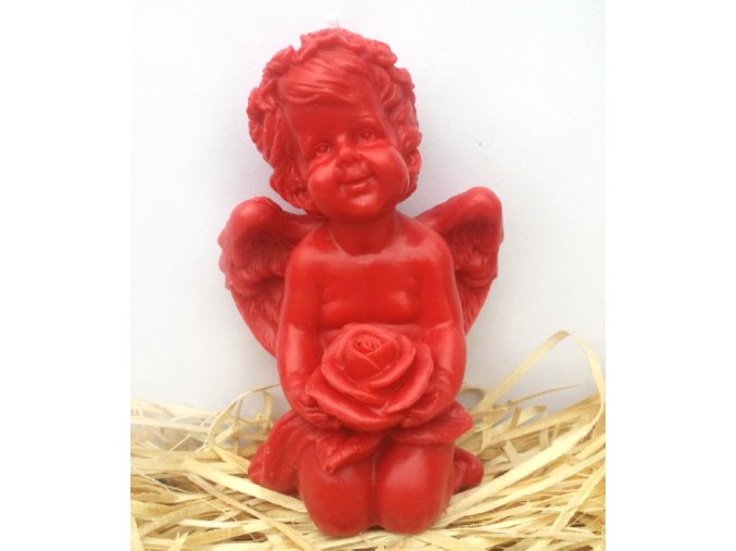 Svíčka - anděl s růží červený 12 cm