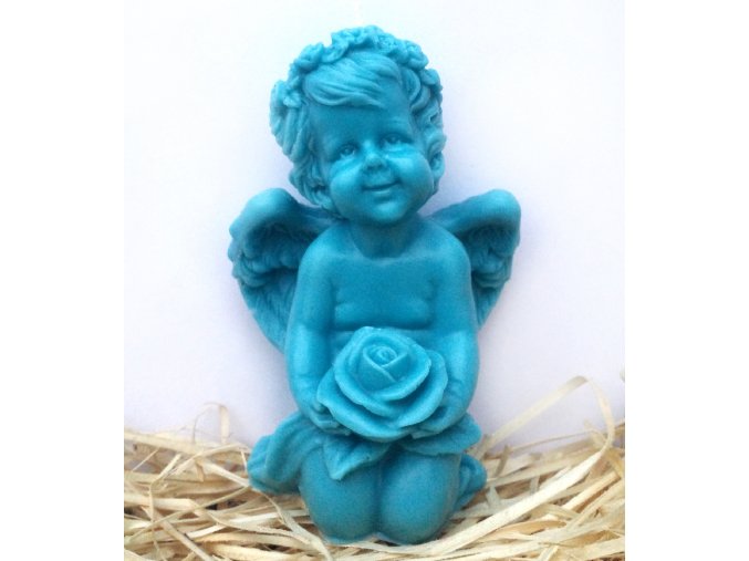 Svíčka - anděl s růží modrý 12 cm