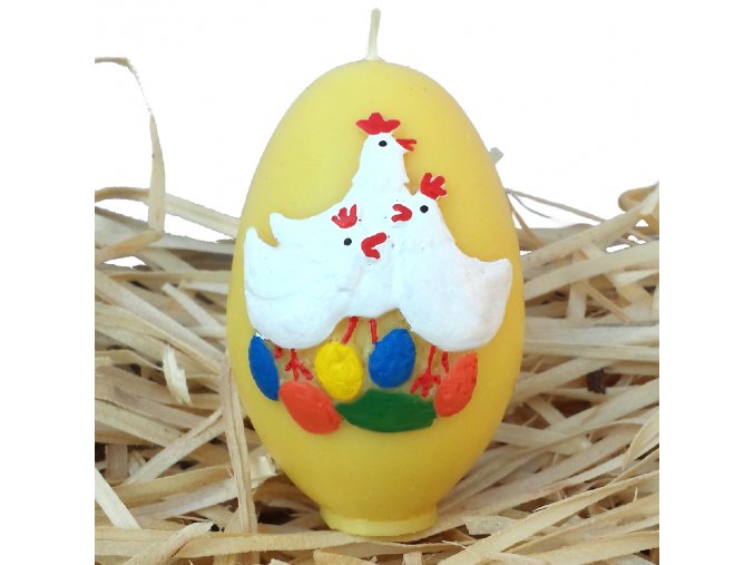 Ručně malovaná svíčka s reliéfem - vajíčko se slepičkami 6.5 cm