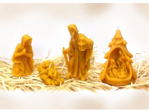 Sada čtyř svíček ze včelího vosku – modlící se Panna Marie + Ježíšek + Josef + betlém ve stromečku