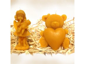 Sada svíček ze včelího vosku – andělka s medvídkem + medvídek se srdcem