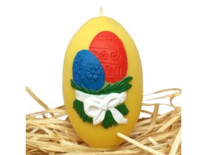 Ručně malovaná svíčka s reliéfem - velikonoční vajíčka s mašličkou žluté 8.5 cm