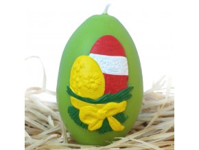 Ručně malovaná svíčka s reliéfem - velikonoční vajíčka s mašličkou zelené 8.5 cm