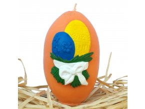 Ručně malovaná svíčka s reliéfem - velikonoční vajíčka s mašličkou oranžové 8.5 cm