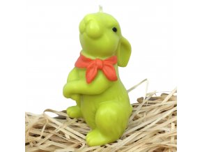 Ručně malovaná svíčka - velikonoční zajíc s oranžovým šátkem 11.5 cm zelený