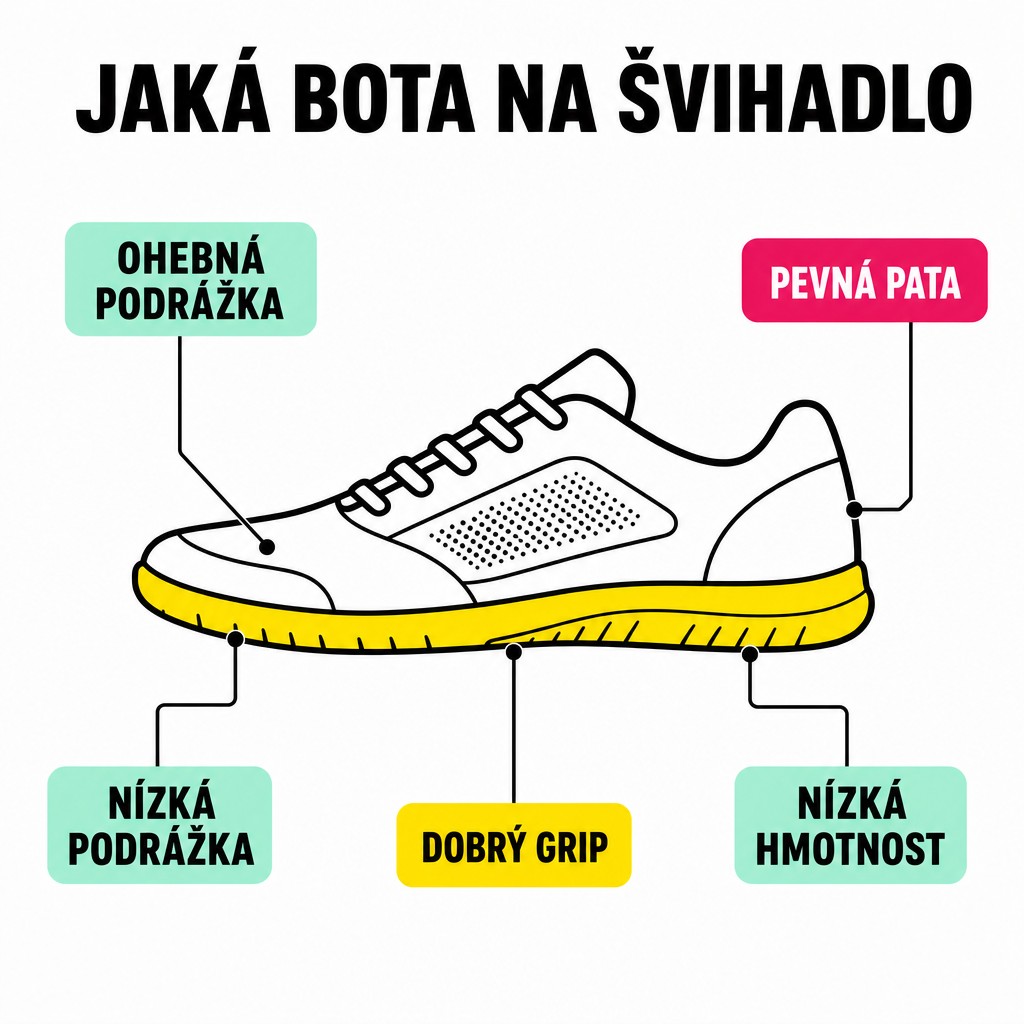 Pět znaků dobré boty na skákání přes švihadlo: ohebná přední část podrážky, pevná pata, nízká výška podrážky, dobrý grip a nízká hmotnost - infografika